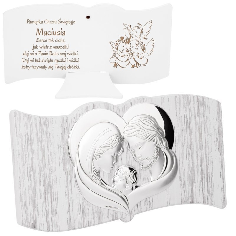 Pamiątka ślubu obrazek Święta Rodzina z grawerem i podstawką