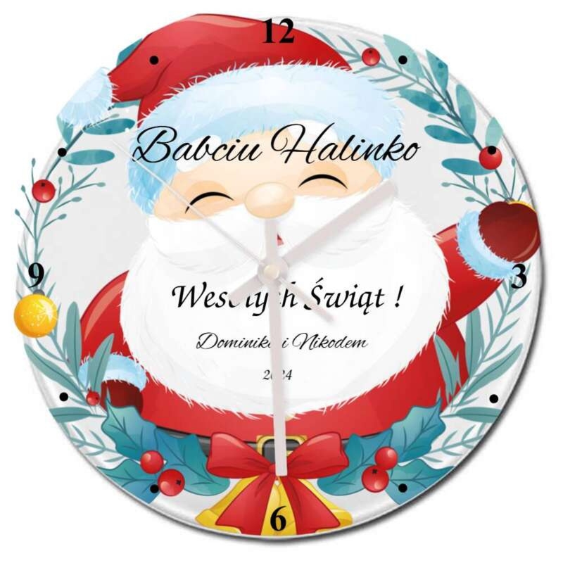 Okrągły szklany zegar dla Babci i Dziadka z personalizacją UV