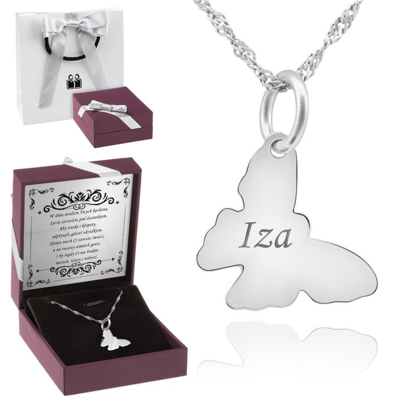 Wisiorek motylek srebro 925 z łańcuszkiem, grawerem i torebką