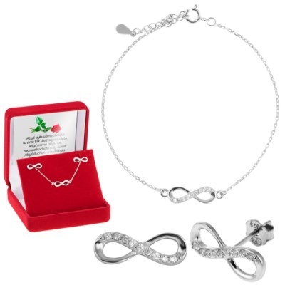 Srebrny zestaw kolczyki + bransoletka nieskończoność Dedykacja