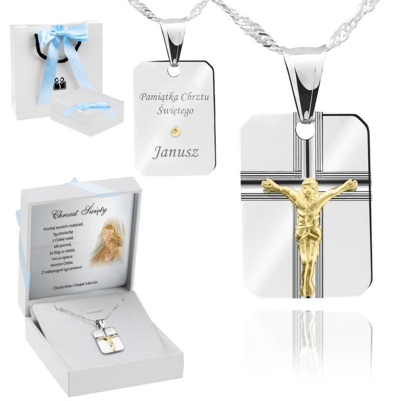 Srebrny diamentowany medalik pr.925 Jezus na krzyżu pozłacany Grawer