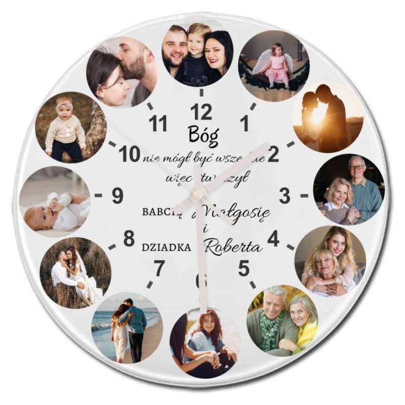 Dzień Babci i Dziadka: szklany zegar z foto i dedykacją