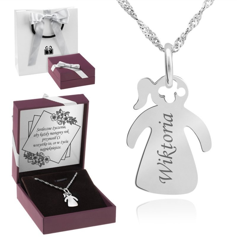 Wisiorek dziewczynka ze srebra próby 925 z grawerem i łańcuszkiem