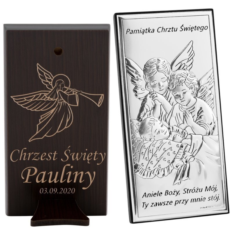 Srebrny obrazek BELTRAMI z modlitwą na Chrzest i grawerem