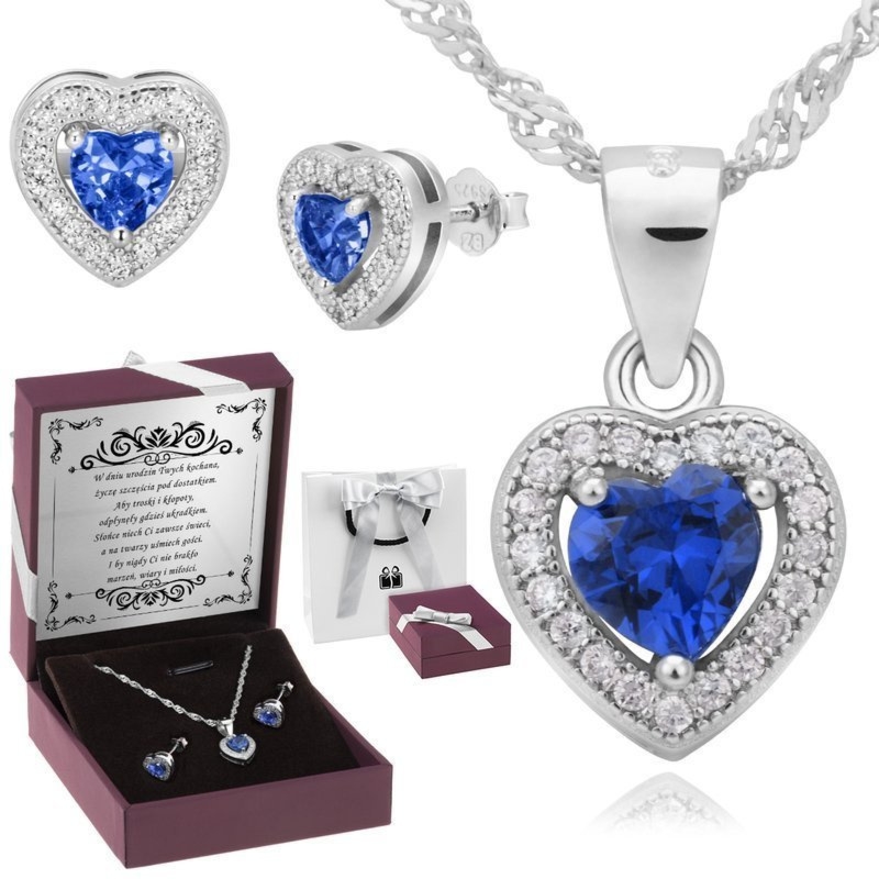 Komplet srebrny 925 kolczyki i wisiorek serca z dedykacją