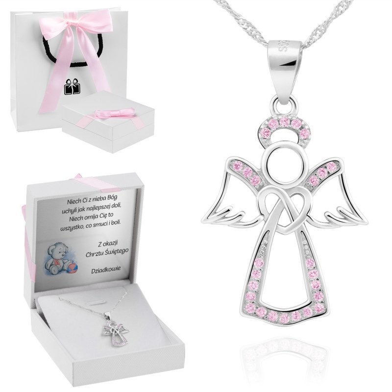 Prezent na chrzest: aniołek srebro 925 z łańcuszkiem i dedykacją
