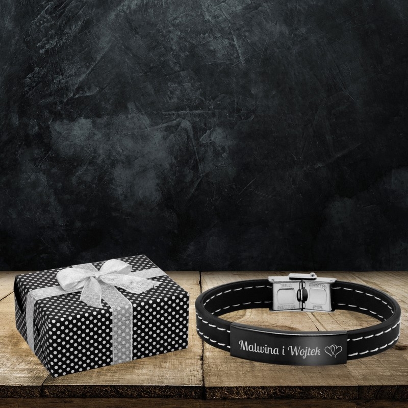 Bransoletka męska z kauczuku i stali 316L, białe obszycie, grawer