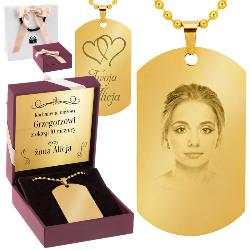 Złoty nieśmiertelnik stal szlachetna z grawerem i dedykacją