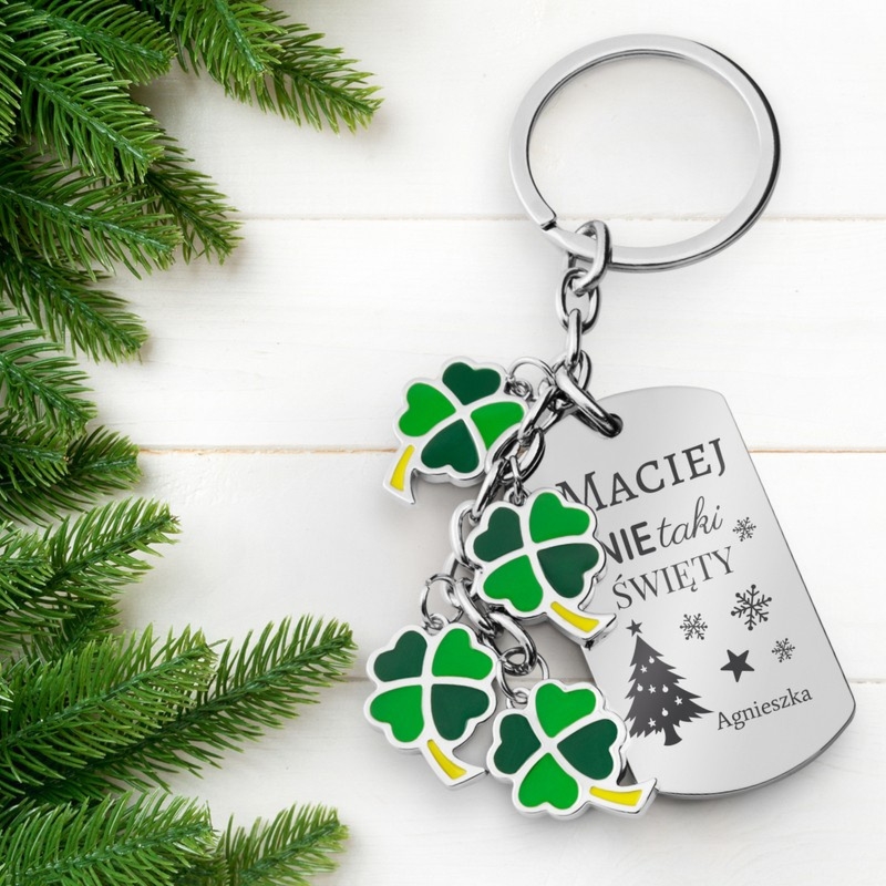 Brelok na Mikołaja – nieśmiertelnik i 4 koniczynki z grawerem