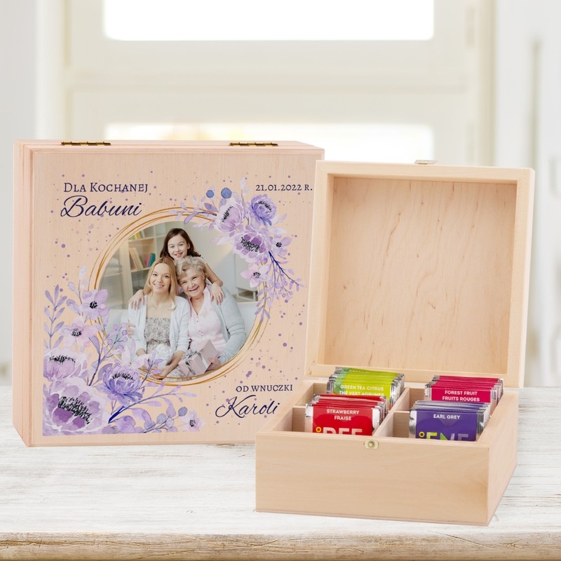 Image of Pudełko na herbatę ze zdjęciem dla Babci z Nadrukiem / Prezent na Dzień Babci / Drewniane / Herbaciarka