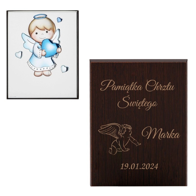 Pamiątka Chrztu: kolorowy obrazek Aniołek PVD z grawerem na odwrocie