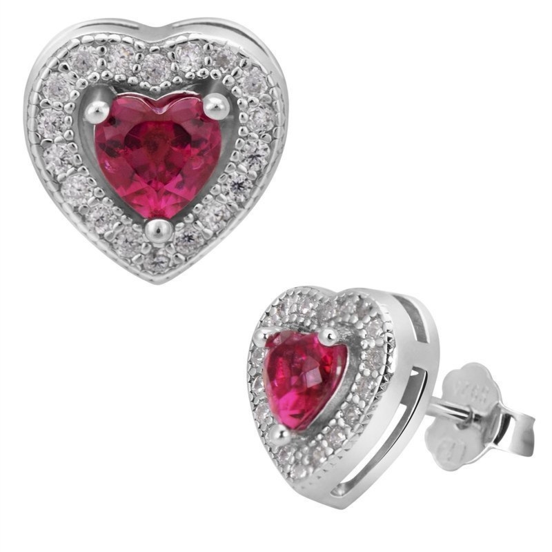 Na Walentynki srebrne kolczyki serduszka 925 czerwone cyrkonie
