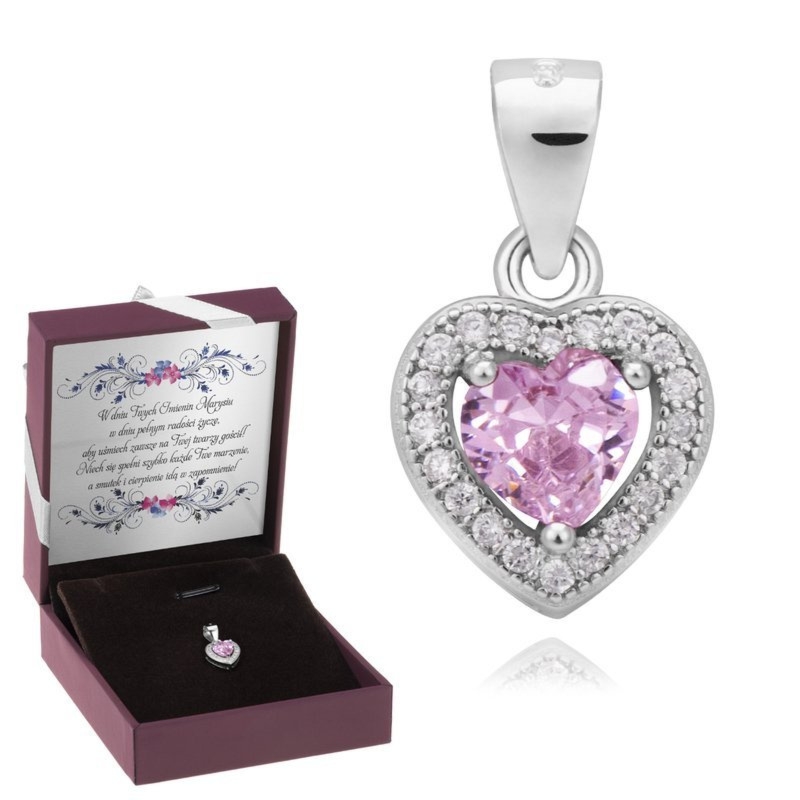 Na Walentynki srebrny wisiorek serce 925 z dedykacją i cyrkoniami