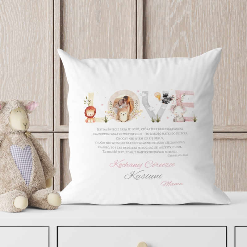 Poduszka na chrzest LOVE ze zdjęciem i satynową poszewką