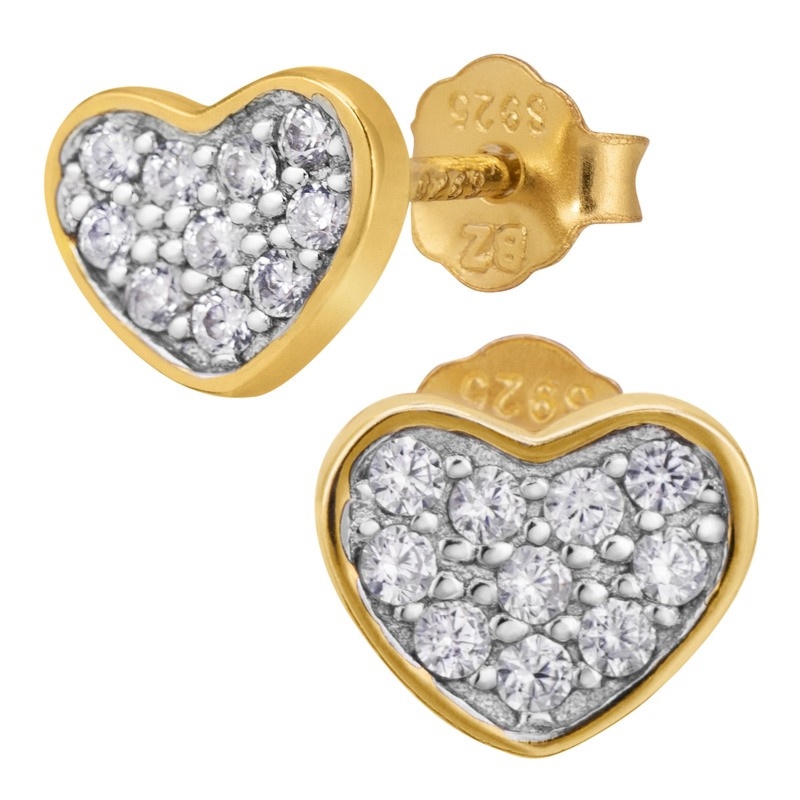 Na rocznicę pozłacane kolczyki serca z cyrkoniami na sztyft