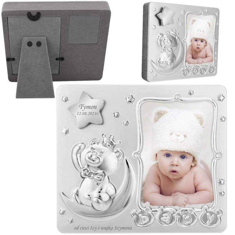Ramka z pozytywką Miś na Chrzest i Roczek z grawerem