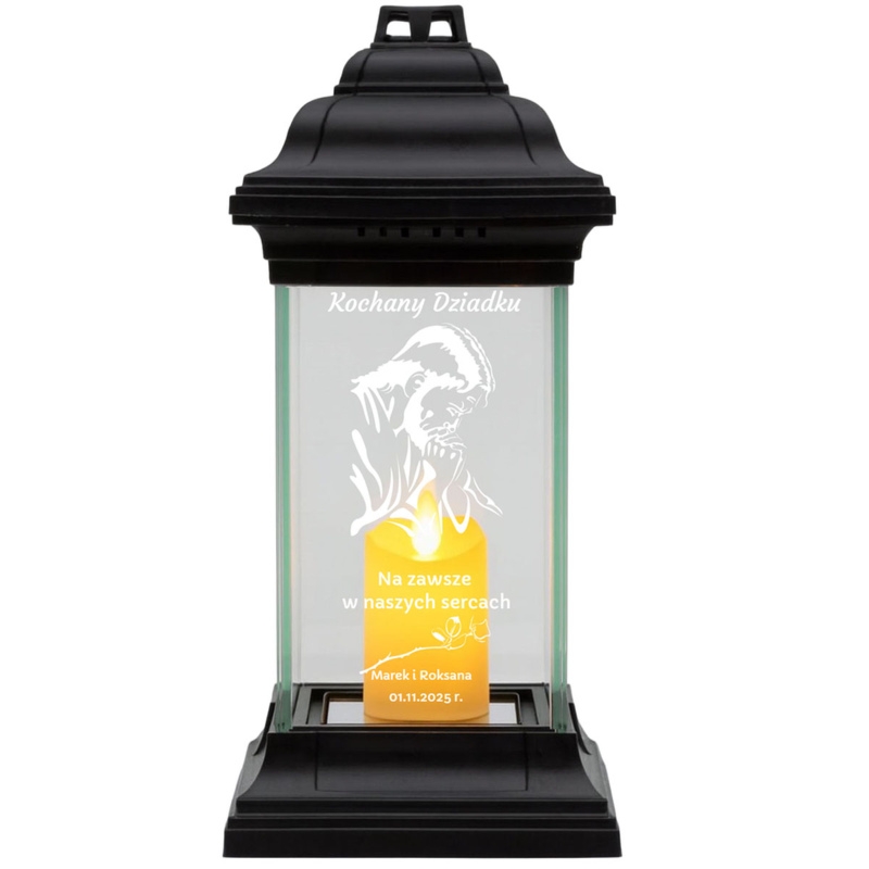 Lampion szklany kapliczka z grawerem i świecą LED na Zaduszki