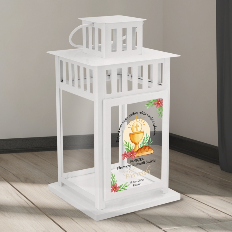 Biały lampion komunijny z kolorowym nadrukiem – Pamiątka Pierwszej Komunii Świętej