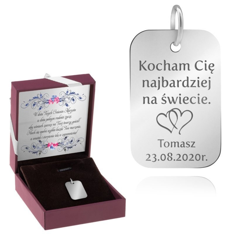 Srebrny wisiorek pr. 925 z grawerunkiem w pudełku bordowym