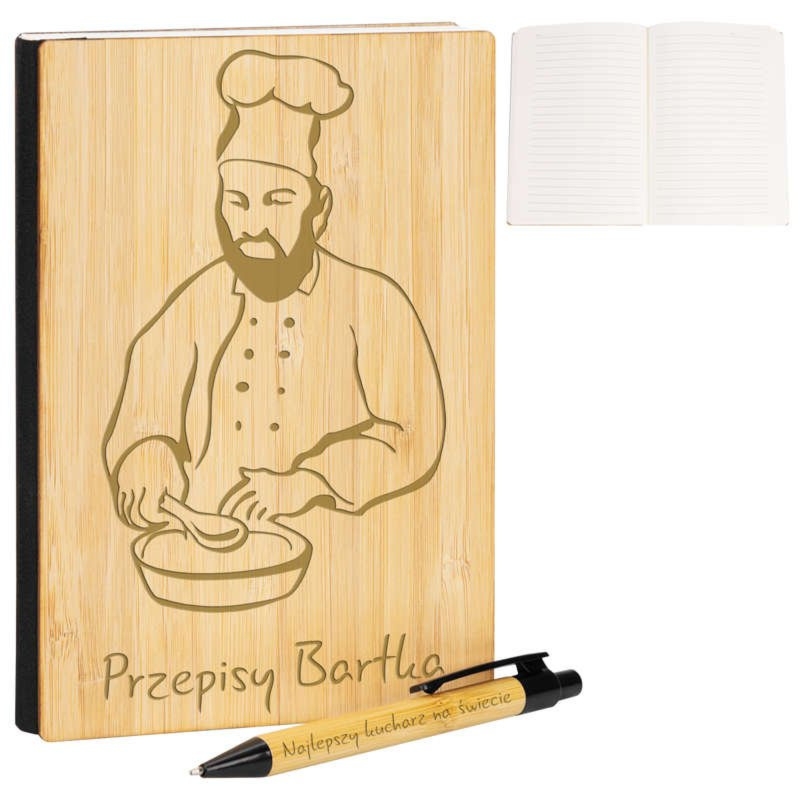 Bambusowy notes z długopisem i grawerem na okładce oraz długopisie