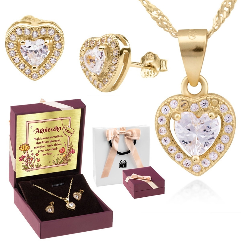 Pozłacany komplet serce z cyrkoniami z dedykacją w pudełku