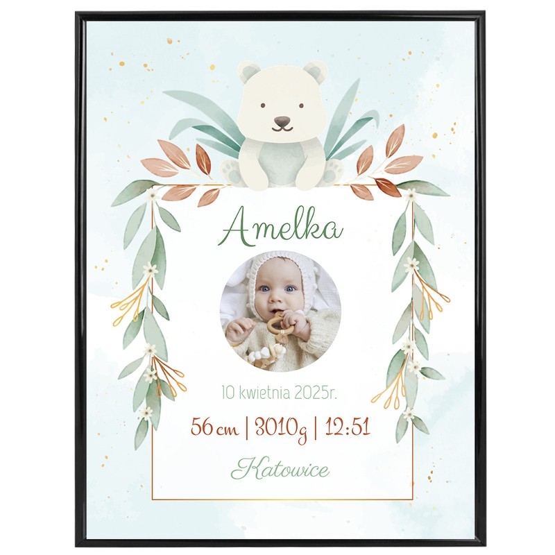 Image of Plakat Metryczka ze zdjęciem / Prezent na Narodziny / Miś / Prezent na Baby Shower dla Dziewczynki / szkło