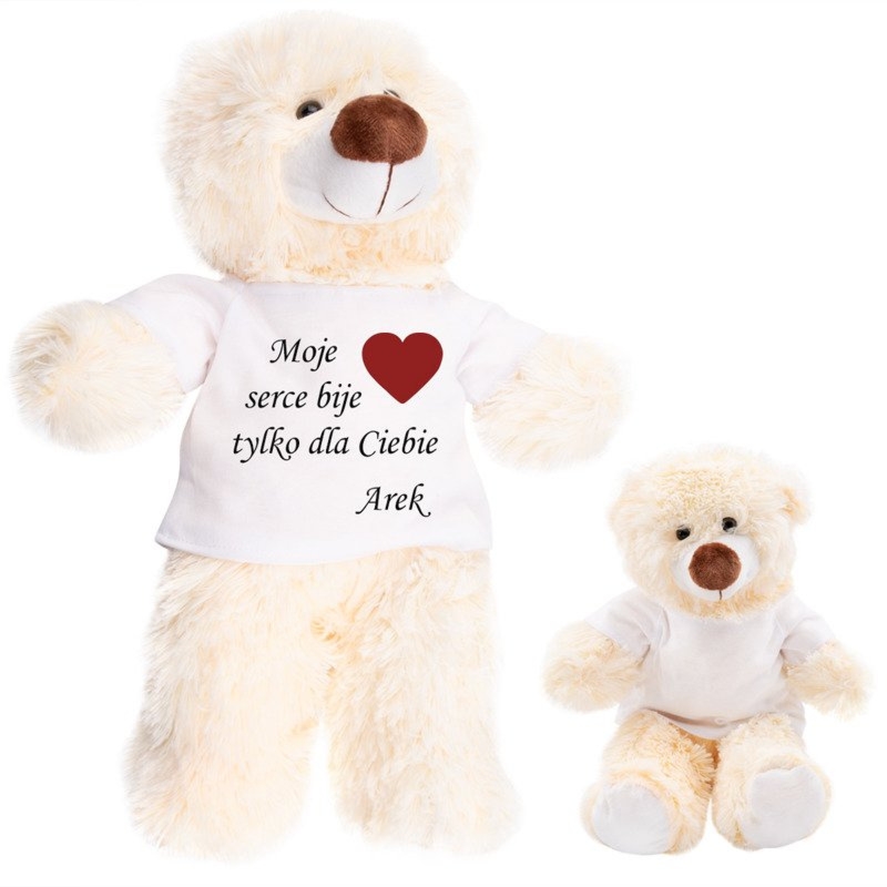 Miś z białą koszulką i nadrukiem na Walentynki i urodziny