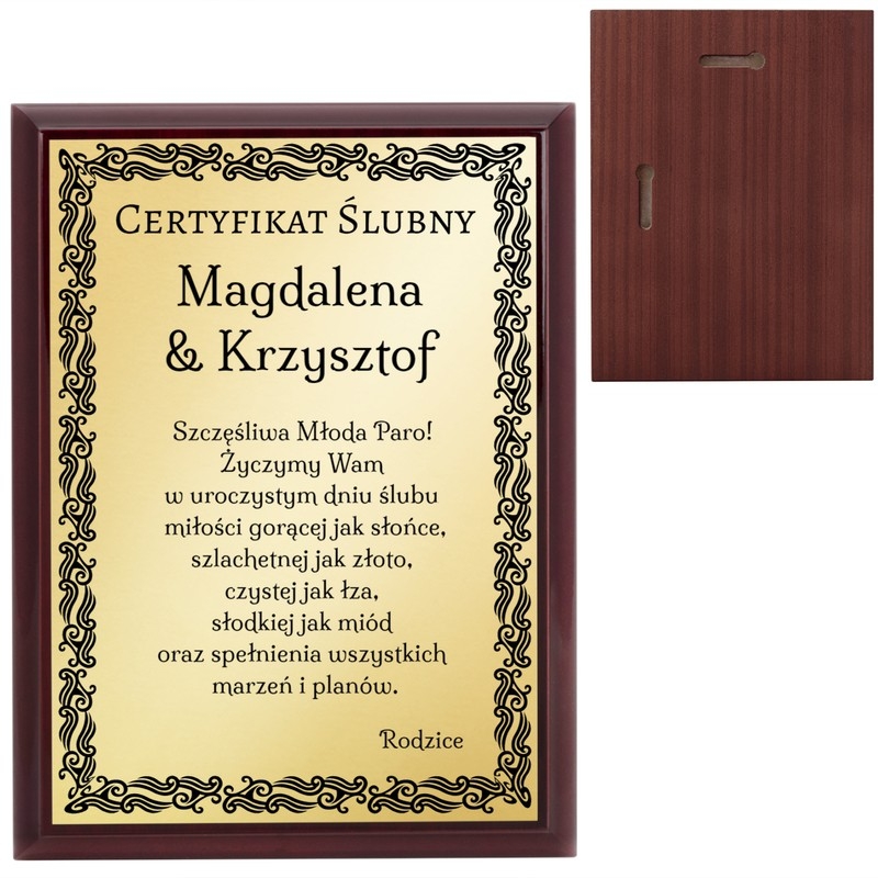 Image of Prezent na ślub / Certyfikat / Drewniany panel, złota tabliczka, dedykacja
