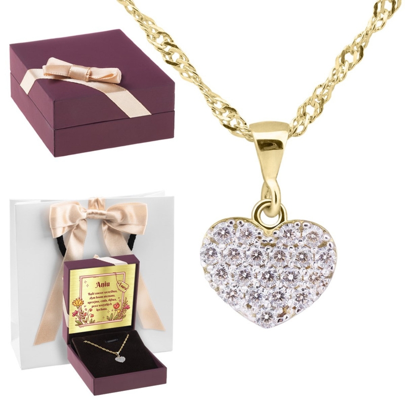 Wisiorek serce z cyrkoniami pr. 333 z dedykacją w pudełku