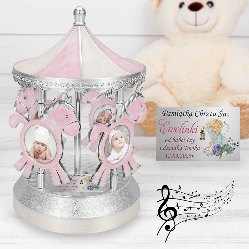 Pozytywka karuzela różowa na Chrzest z dedykacją i ramką