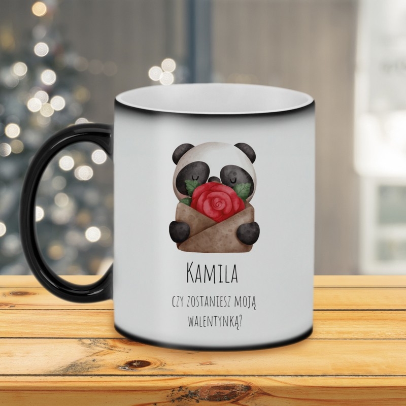 Walentynkowy czarny kubek magiczny błyszczący z imieniem