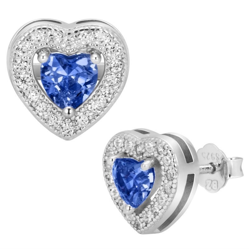 Na Komunię srebrne kolczyki serca 925 z niebieską cyrkonią