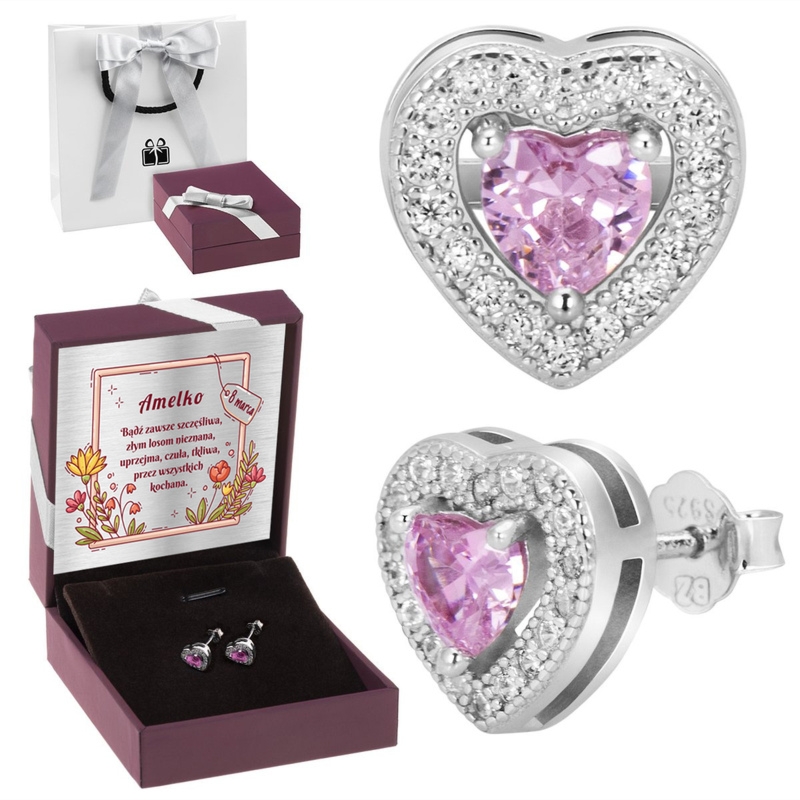 Kolczyki serce pr.925 różowa cyrkonia z dedykacją