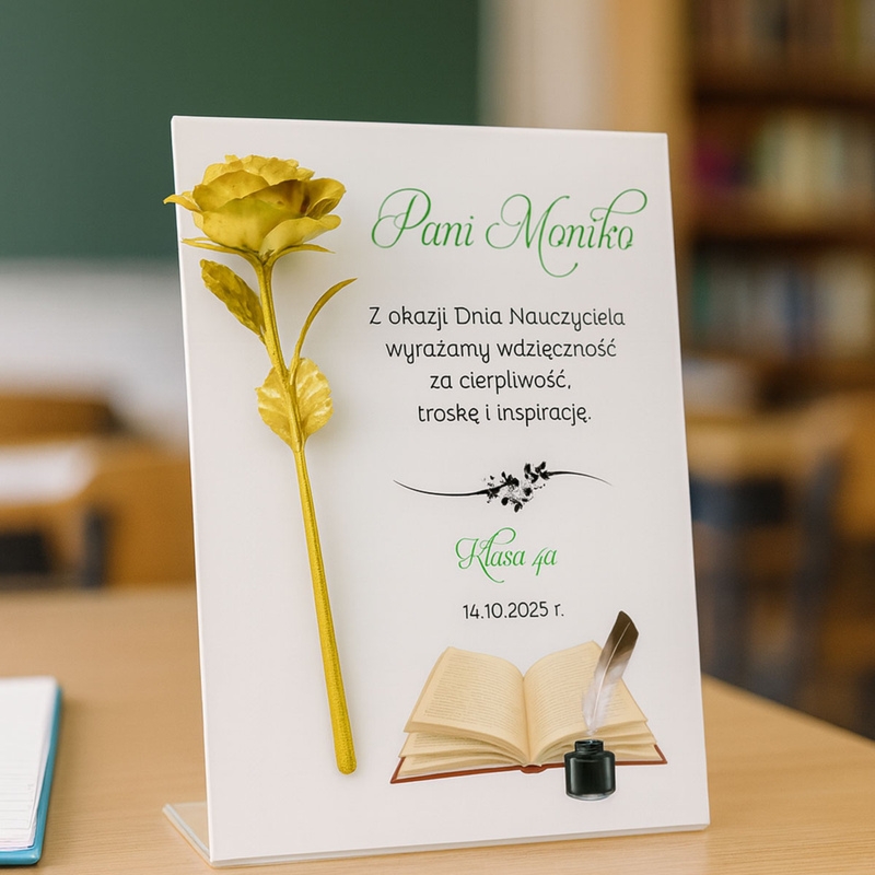 Złota róża na tabliczce z dedykacją na rocznicę i urodziny