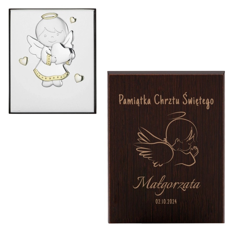 Pamiątka Chrztu: posrebrzany obrazek Aniołek PVD z grawerem