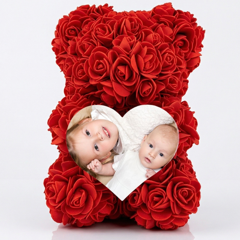 Personalizowany miś z czerwonych róż dla Babci ze zdjęciem wnuków