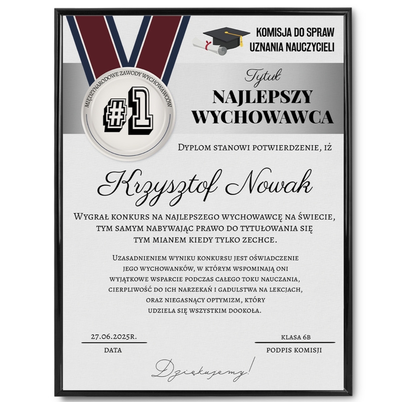 Na zakończenie roku Dyplom dla wychowawcy w ramce z personalizacją