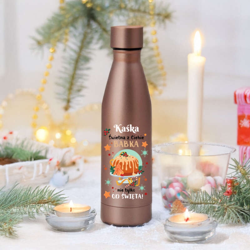 Świąteczna personalizowana butelka termiczna z nadrukiem UV dla kobiety
