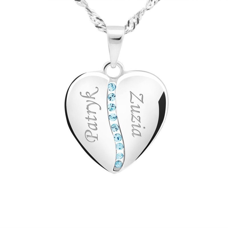 Na urodziny duży wisiorek serce 925 błękitne cyrkonie z grawerem
