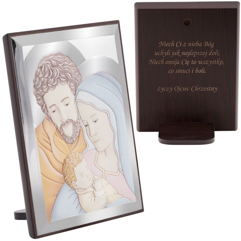 Image of Srebrny obrazek Święta Rodzina w kolorze Pamiątka Chrztu Św. z Grawerem