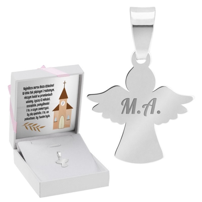 Na Chrzest zawieszka anioł 925 z grawerem i różową kokardką
