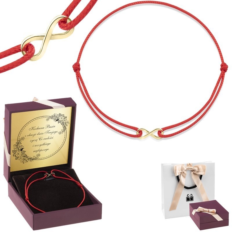 Image of Sznurkowa czerwona bransoletka ze złotym znakiem nieskończoności pr. 585 z Dedykacją