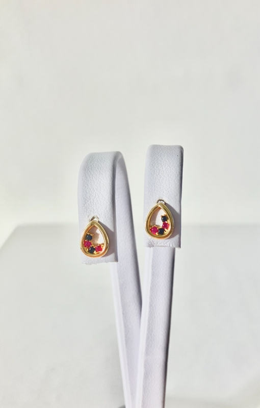 Złote kolczyki z kolorowymi cyrkoniami 585, zapięcie na sztyfcie