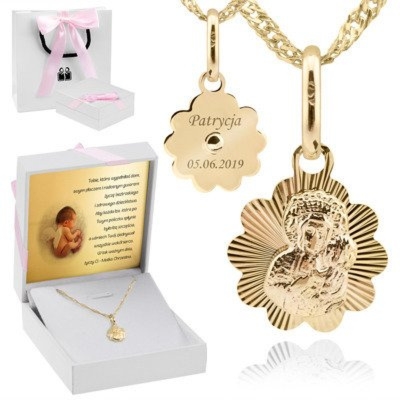 Złoty medalik 585 Matka Boska Częstochowska na chrzest komunię Grawer