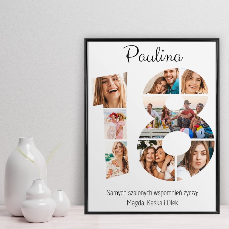 Plakat na 18 urodziny Szalone wspomnienia ze zdjęciami i imieniem