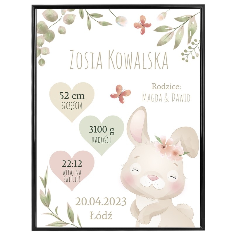 Image of Plakat Metryczka / Prezent na Narodziny / Króliczek / Prezent na Baby Shower dla Dziecka / plexi