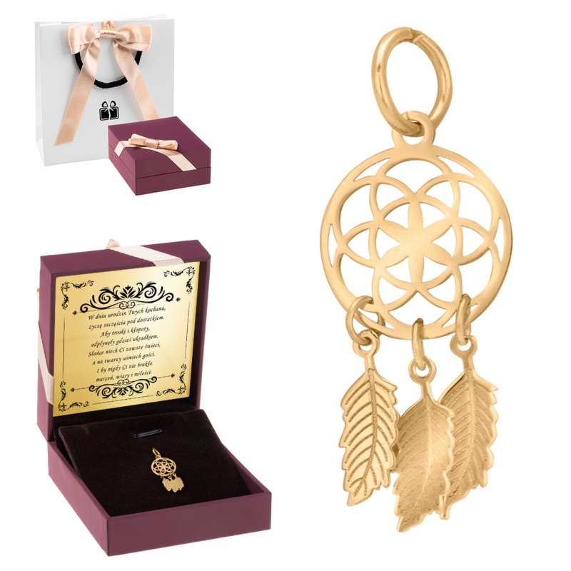 Na urodziny złoty wisiorek Łapacz Snów 585 z dedykacją w pudełku