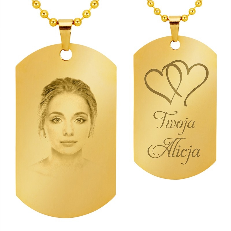 Nieśmiertelnik koloru złotego ze stali z grawerem diamentem