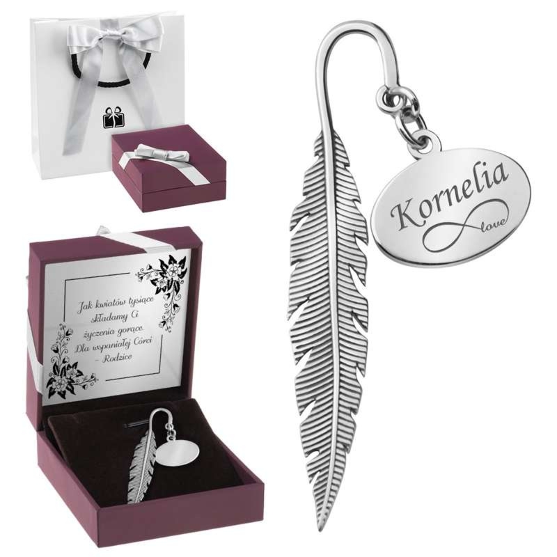 Srebrna zakładka do książki piórko pr. 925 z grawerem pod choinkę