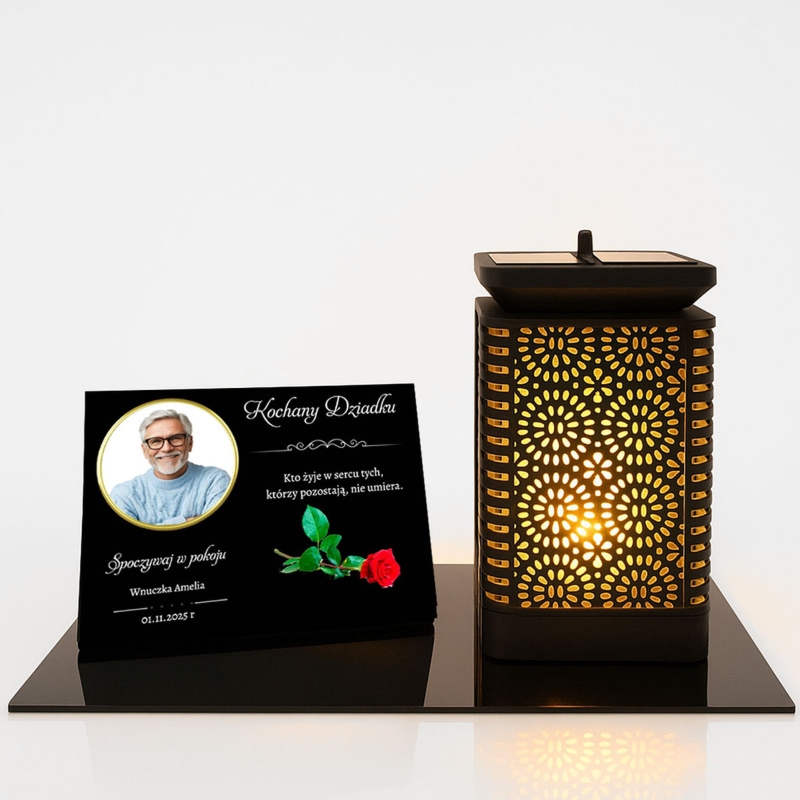 Lampion solarny LED i tabliczka z personalizacją dla Dziadka